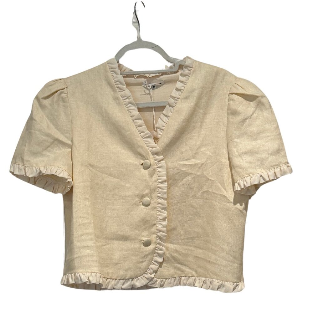 Reformation Cream Ruffle Trim Puff Sleeve Crop Top